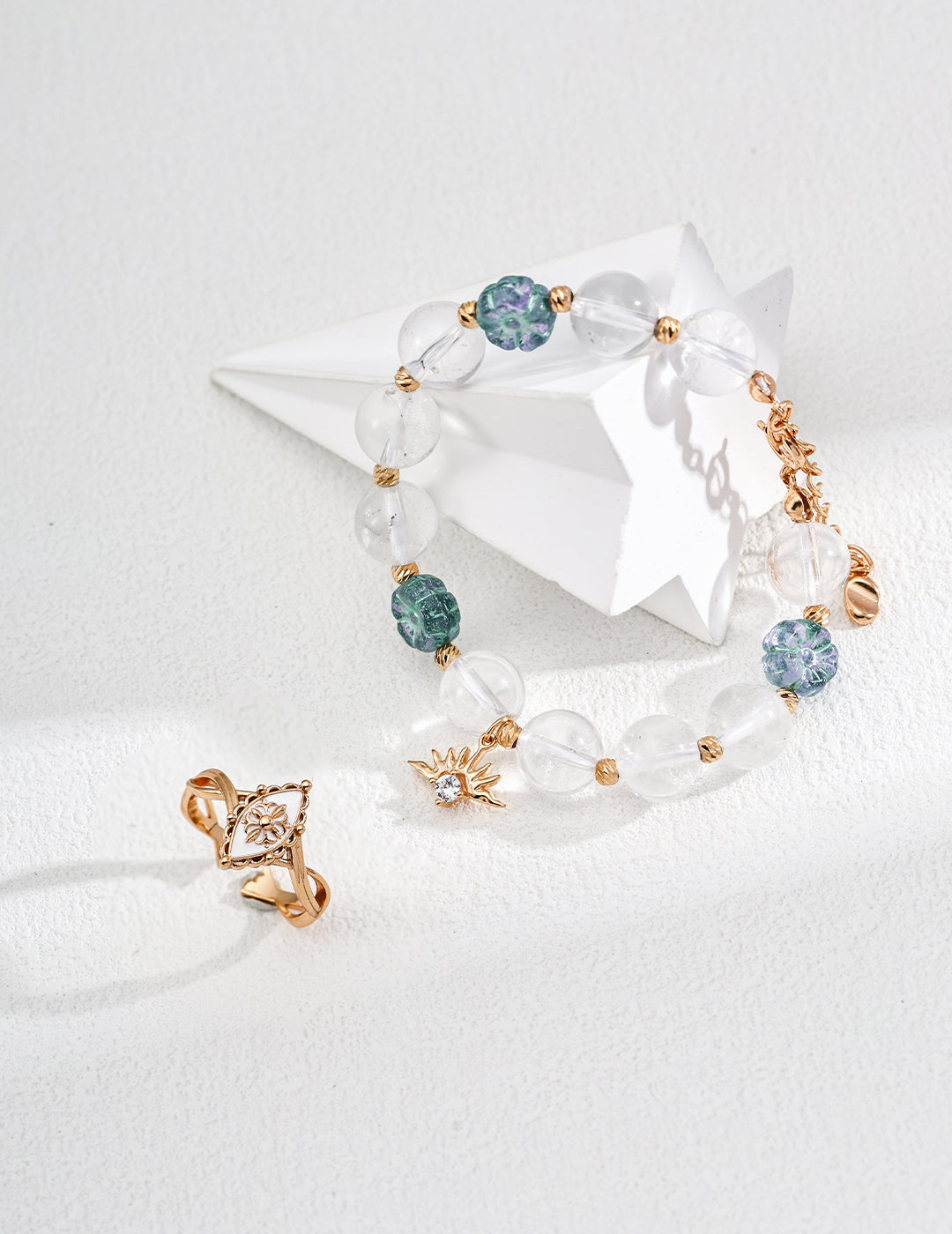 Clear Quartz Floral Glass Bracelet — 18K Gold Vermeil, clear quartz, blue glass flower bead | SENLORE