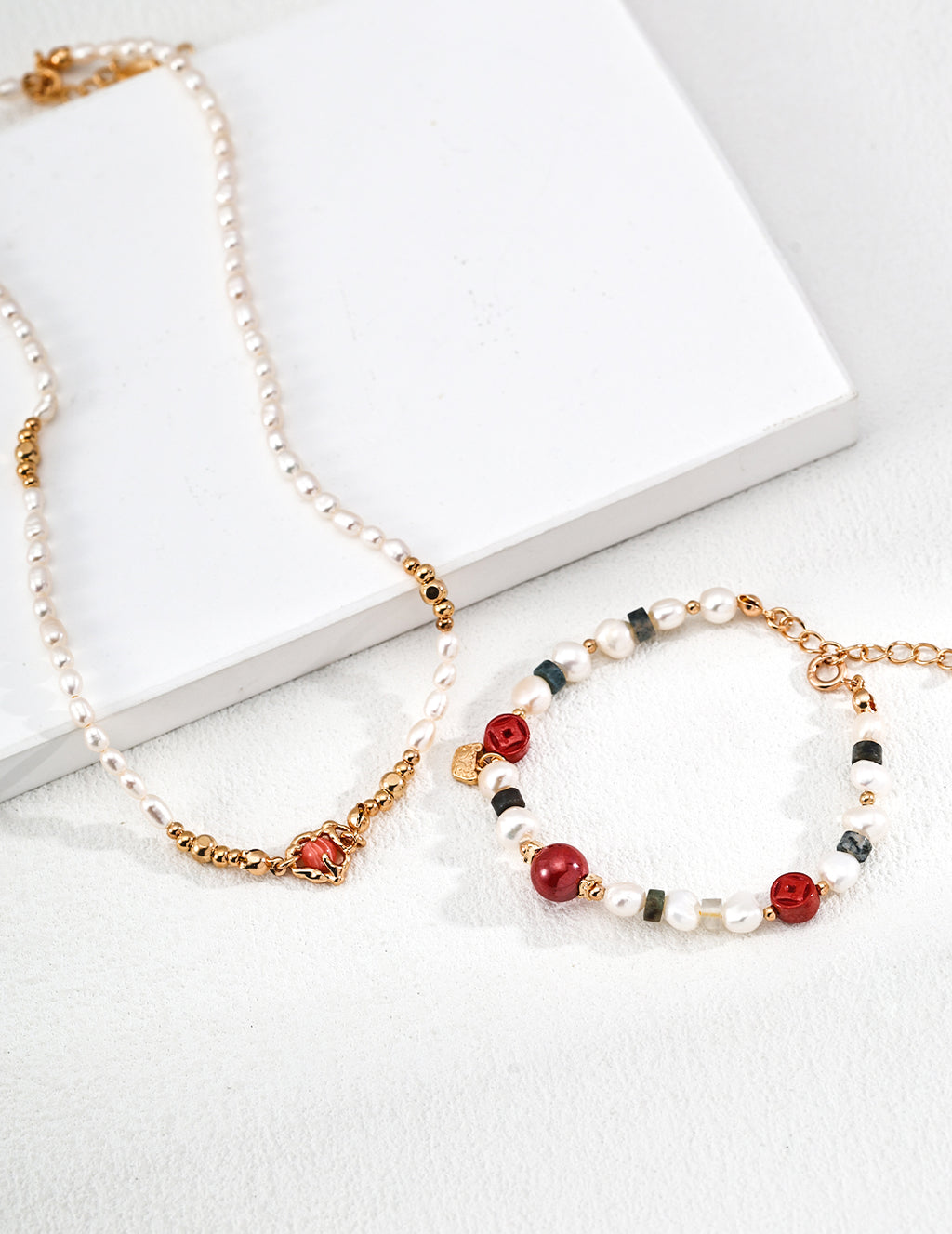 Agate Cinnabar Pearl Bracelet — 18K Gold Vermeil, cinnabar, agate, natural freshwater pearl | SENLORE