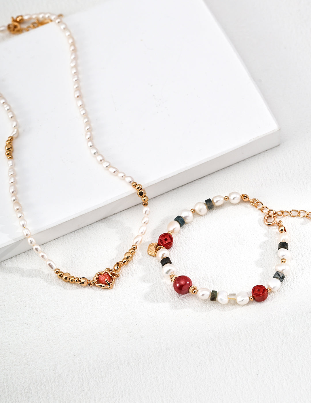 Agate Cinnabar Pearl Bracelet — 18K Gold Vermeil, cinnabar, agate, natural freshwater pearl | SENLORE