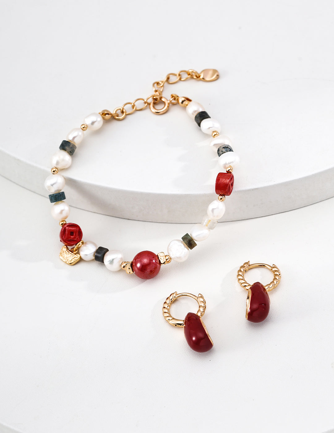 Agate Cinnabar Pearl Bracelet — 18K Gold Vermeil, cinnabar, agate, natural freshwater pearl | SENLORE