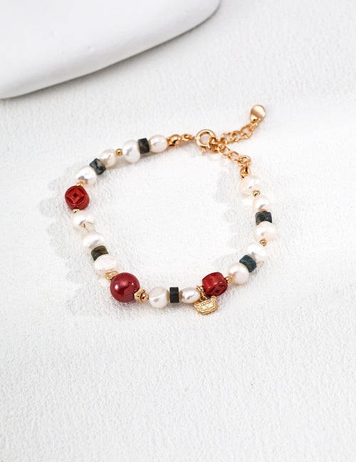 Agate Cinnabar Pearl Bracelet — 18K Gold Vermeil, cinnabar, agate, natural freshwater pearl | SENLORE