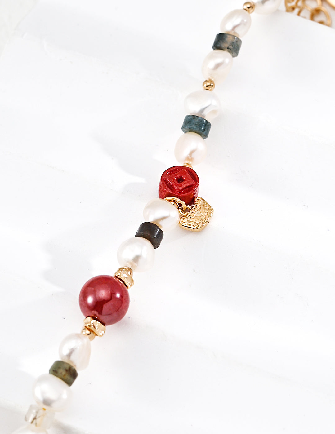 Agate Cinnabar Pearl Bracelet — 18K Gold Vermeil, cinnabar, agate, natural freshwater pearl | SENLORE