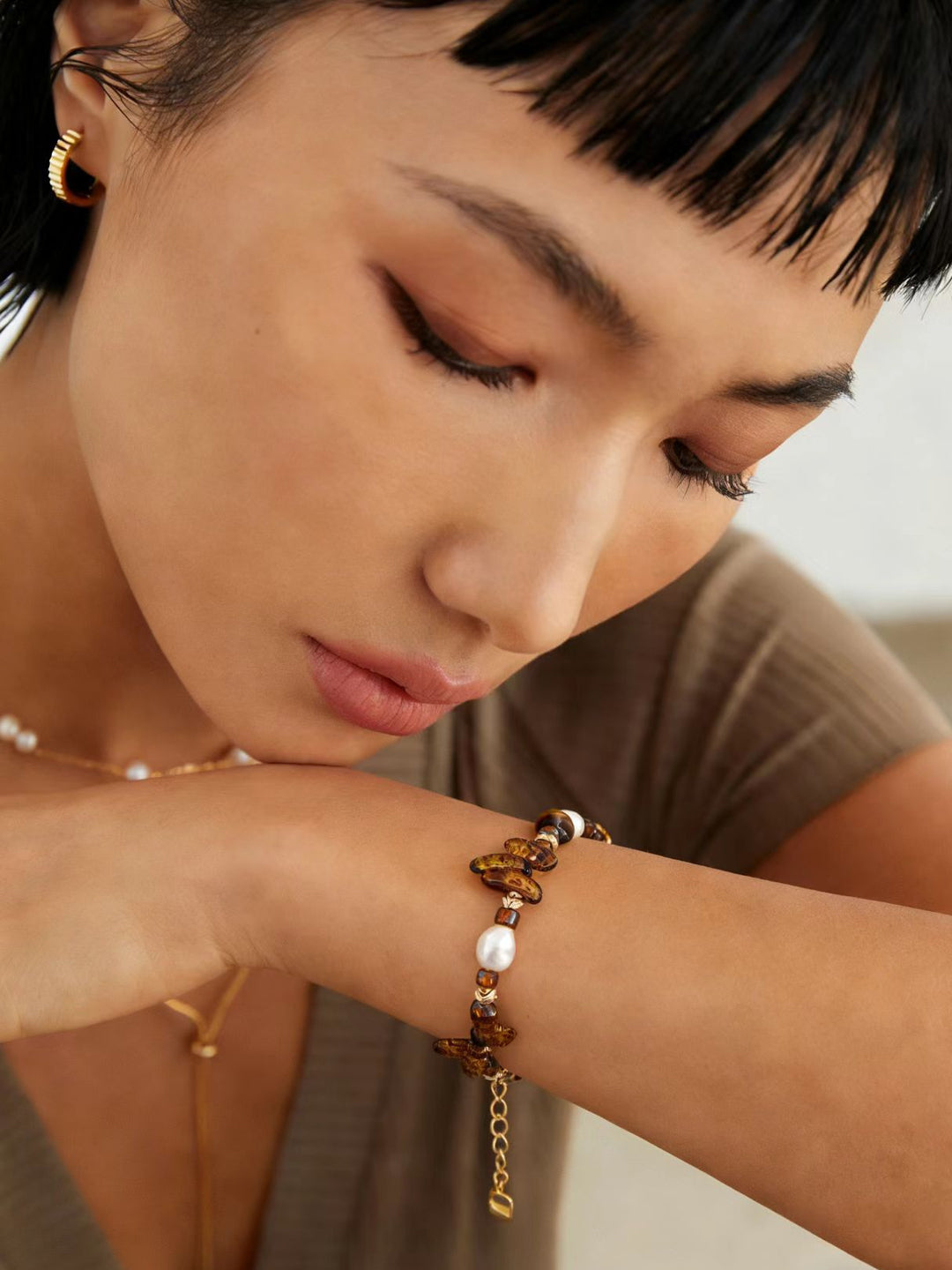 Pearl Czech Glass Tiger's Eye Bracelet — 18K Gold Vermeil, natural freshwater pearl, glass, tiger's eye | SENLORE