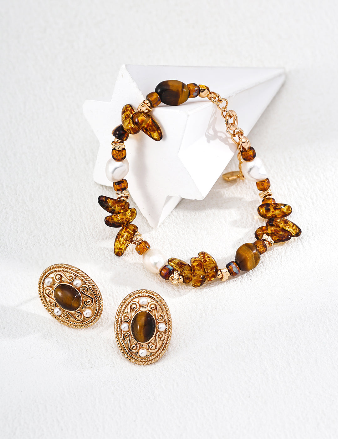 Pearl Czech Glass Tiger's Eye Bracelet — 18K Gold Vermeil, natural freshwater pearl, glass, tiger's eye | SENLORE