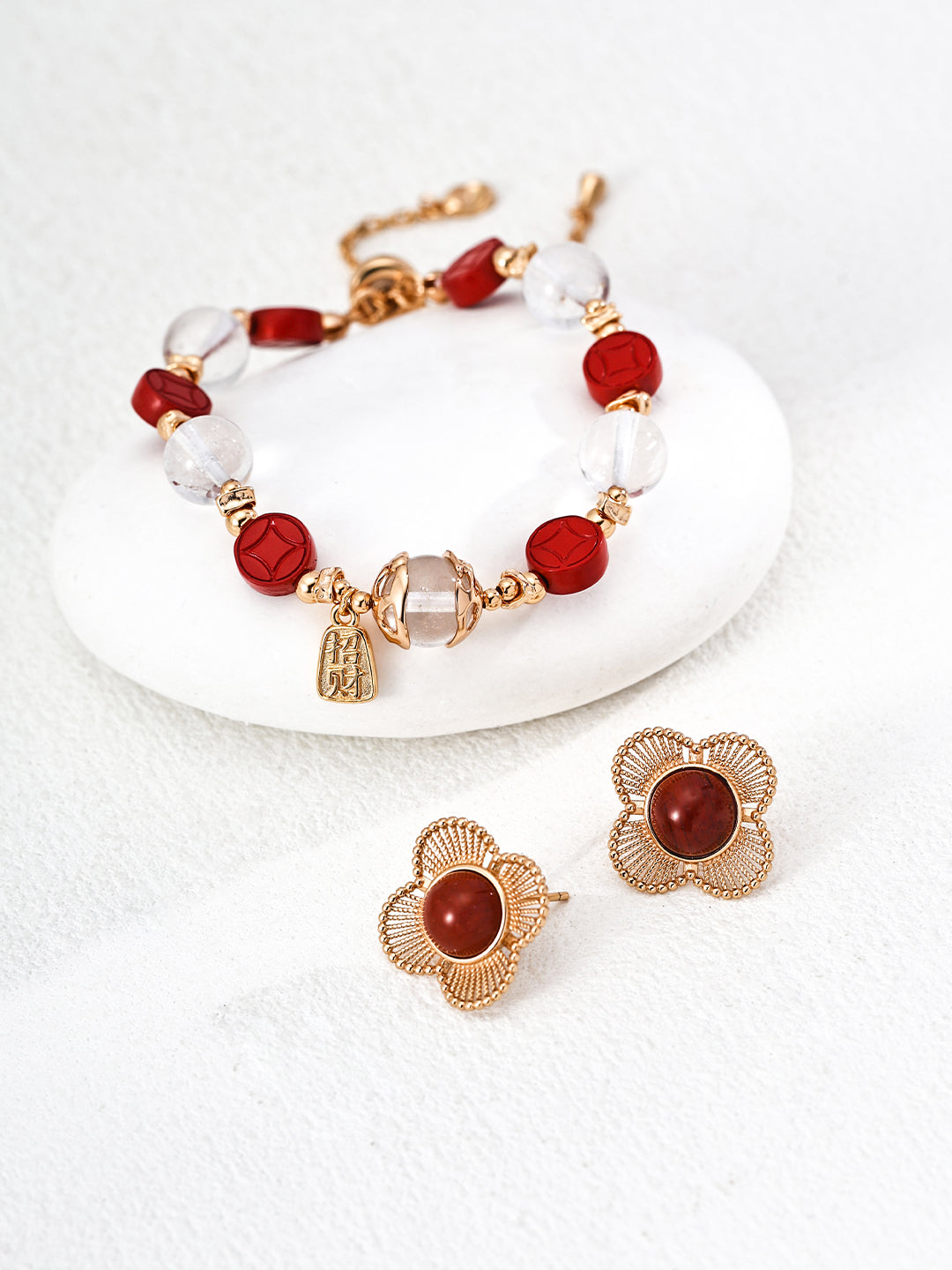 Clear Quartz Cinnabar Coin Bracelet — 18K Gold Vermeil, clear quartz, cinnabar | SENLORE