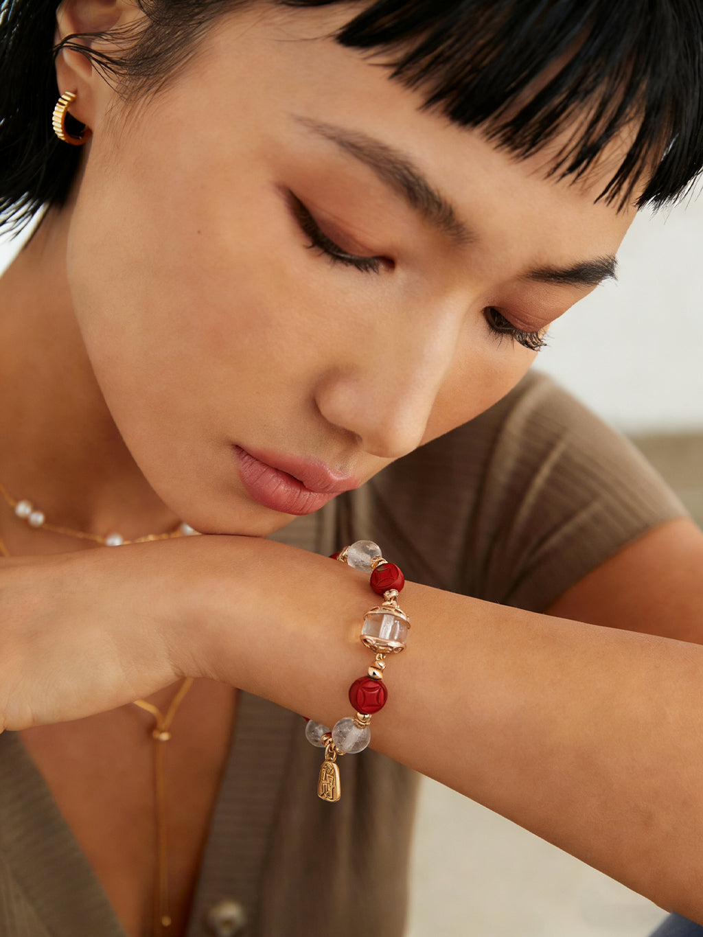 Clear Quartz Cinnabar Coin Bracelet — 18K Gold Vermeil, clear quartz, cinnabar | SENLORE