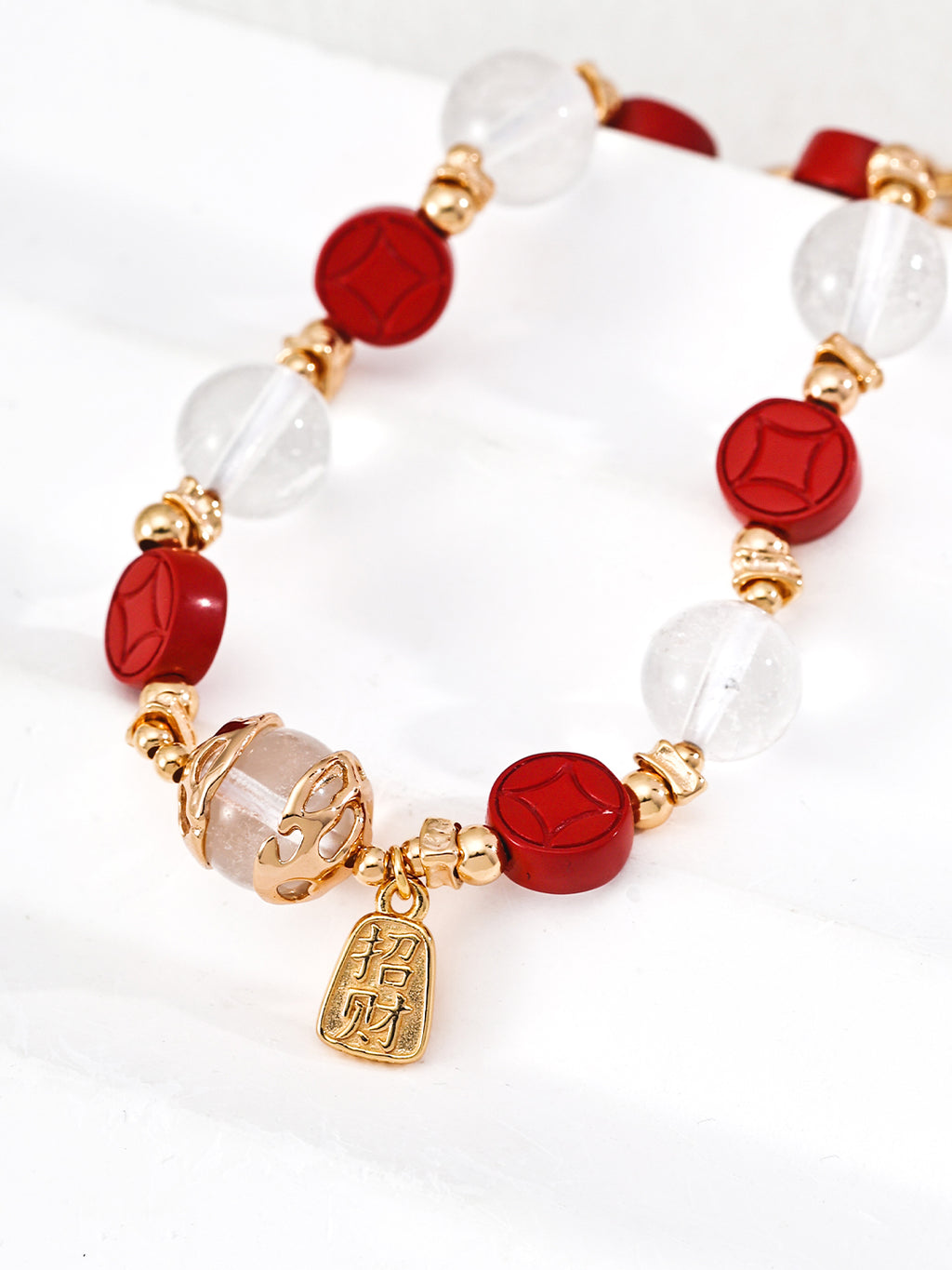 Clear Quartz Cinnabar Coin Bracelet — 18K Gold Vermeil, clear quartz, cinnabar | SENLORE