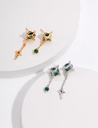 Four-Point Star Asymmetric Earrings — Sterling Silver, 18K Gold Vermeil, green zircon | SENLORE