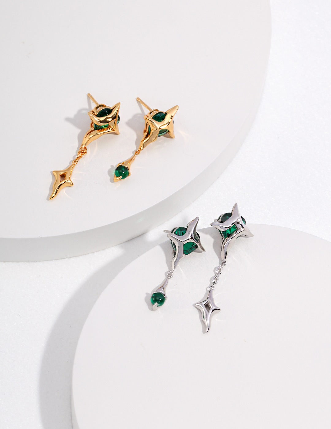 Four-Point Star Asymmetric Earrings — Sterling Silver, 18K Gold Vermeil, green zircon | SENLORE